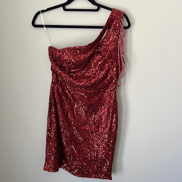 NWT One Shoulder Sequins Maroon Dress - Picture 3 of 7